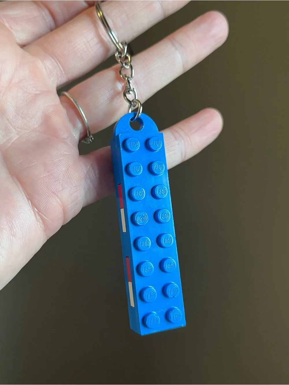 Lego Blue Keychain with Red and White Accents - Handmade